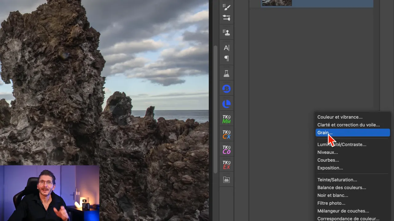 Interface de Photoshop Beta montrant les nouveaux calques de réglage Clarté, Voile et Grain