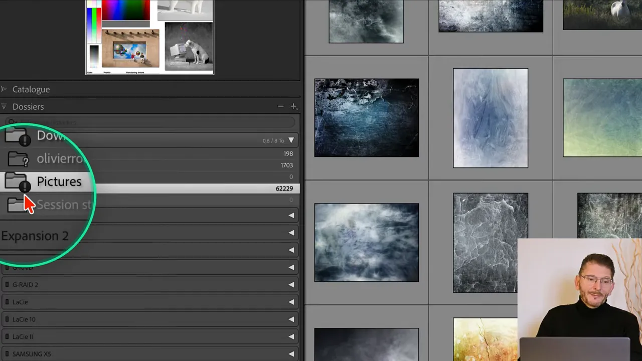 Icône de point d'exclamation affichée sur le dossier 'Pictures' dans Lightroom.