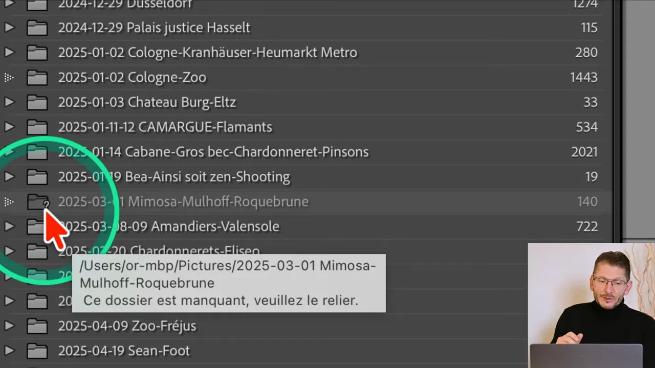 Dossier grisé avec point d'interrogation dans Lightroom.