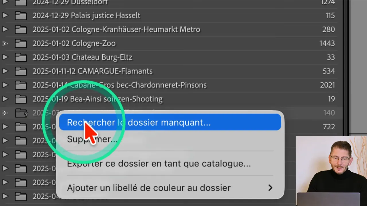 Menu contextuel avec l'option Rechercher le dossier manquant dans Lightroom.