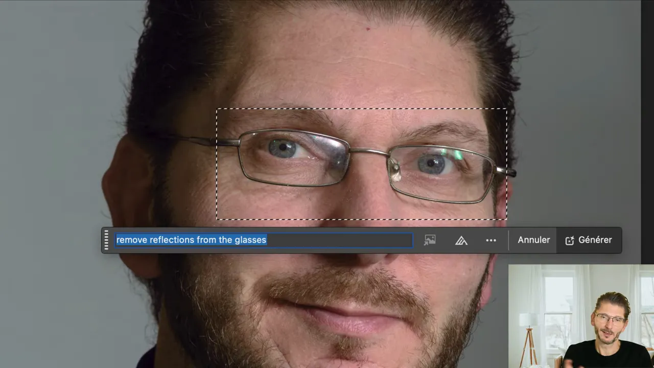 Remplissage génératif avec le prompt remove reflections from the glasses