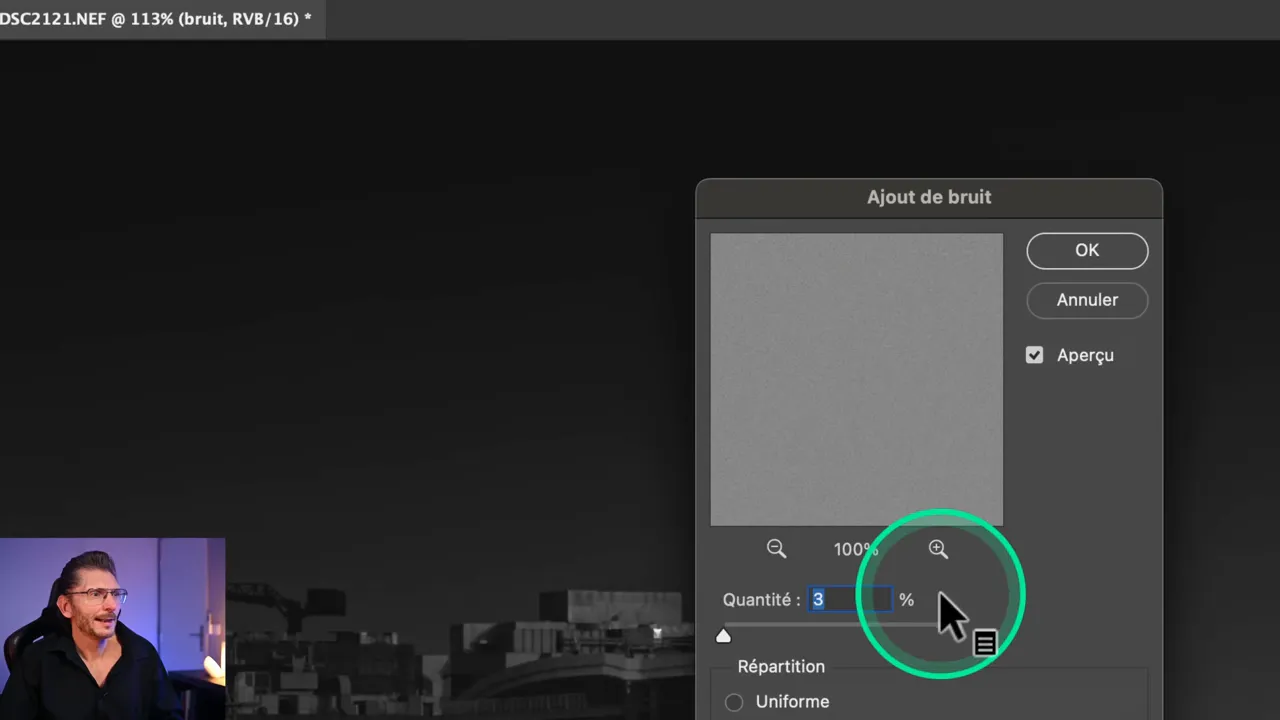 Fenêtre d’ajout de bruit dans Photoshop pour limiter le banding
