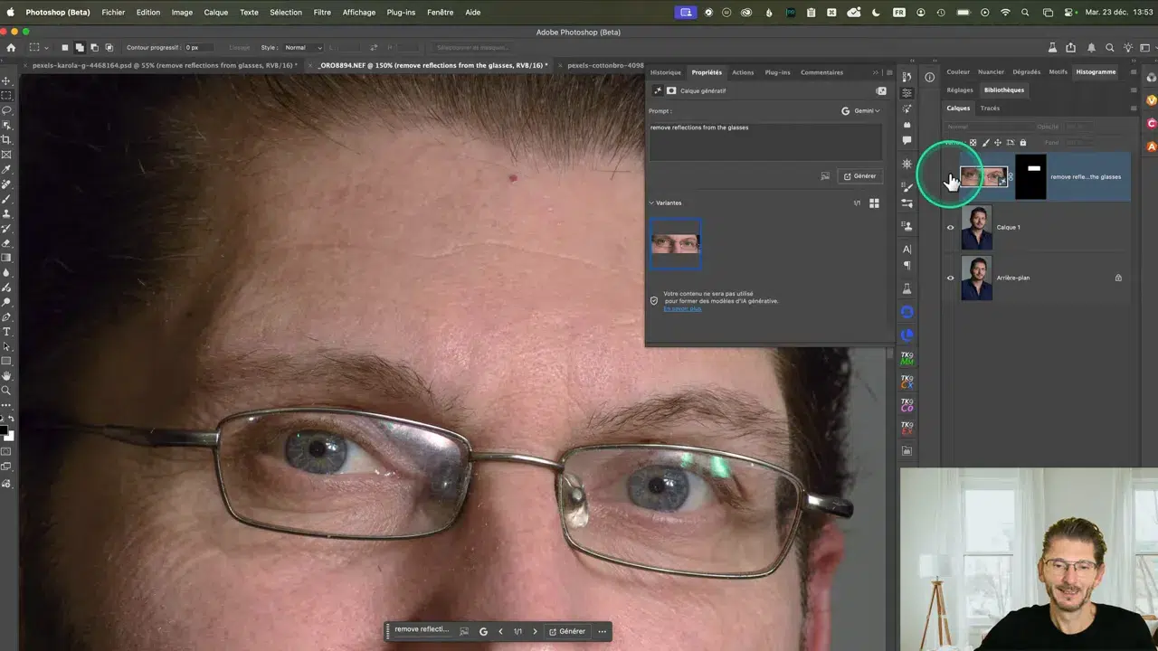 Reflets sur lunettes avant génération avec Nano Banana Pro