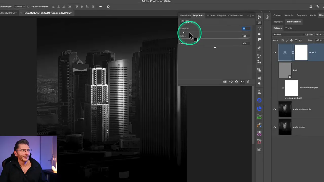 Calque de réglage Grain avec paramètres de quantité, taille et cassure