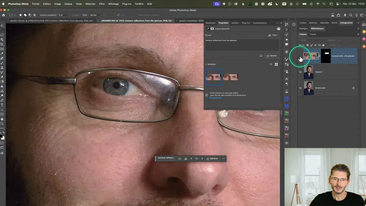 Reflets sur lunettes avant génération avec Flux Context Pro