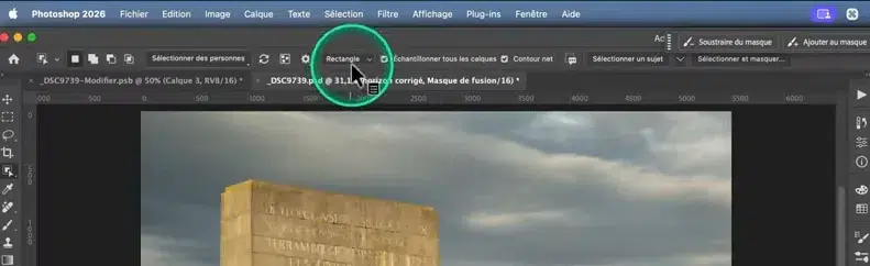 Barre d’options de l’outil Sélection d’objet avec mode Rectangle activé.