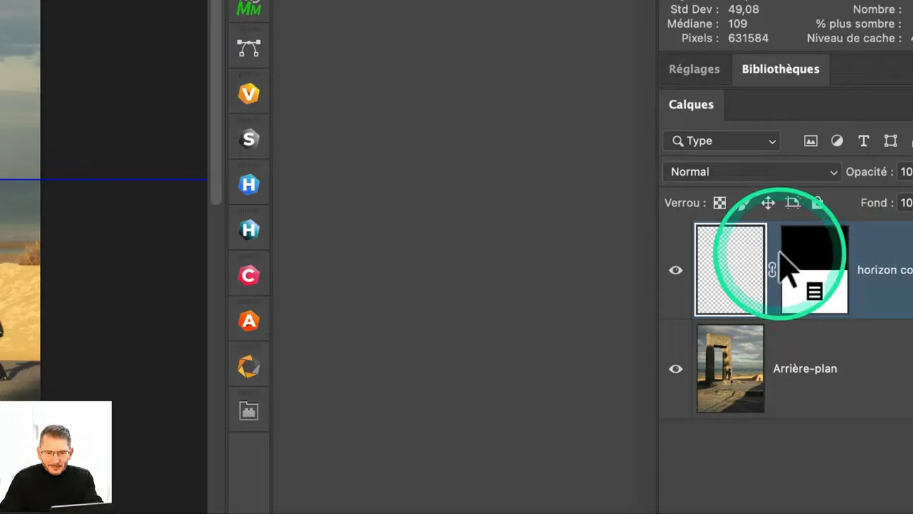 Affichage du masque de fusion avec zone blanche et noire visibles.