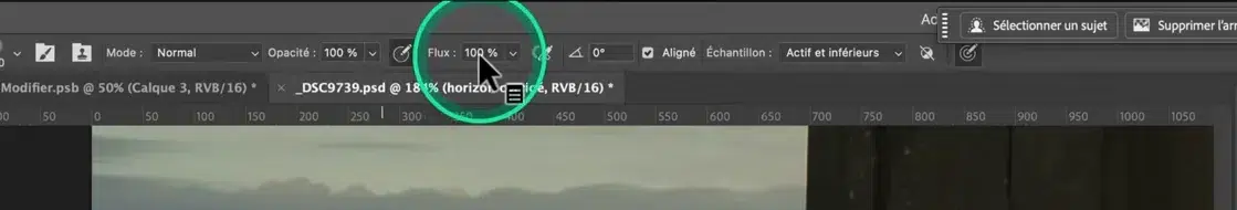 Barre d’options de l’outil Tampon montrant les réglages actifs.