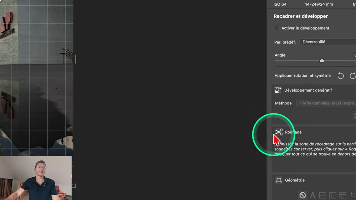 dans Camera Raw, panneau de l&rsquo;outil Recadrage avec la nouvelle option Rognage activ&eacute;e et les pixels ext&eacute;rieurs d&eacute;finitivement supprim&eacute;s
