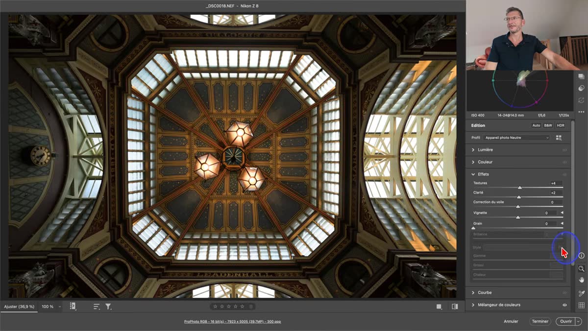 dans Camera Raw, panneau Brillance avec l&rsquo;ic&ocirc;ne &oelig;il visible et comparaison avant/apr&egrave;s de l&rsquo;effet sur l&rsquo;image