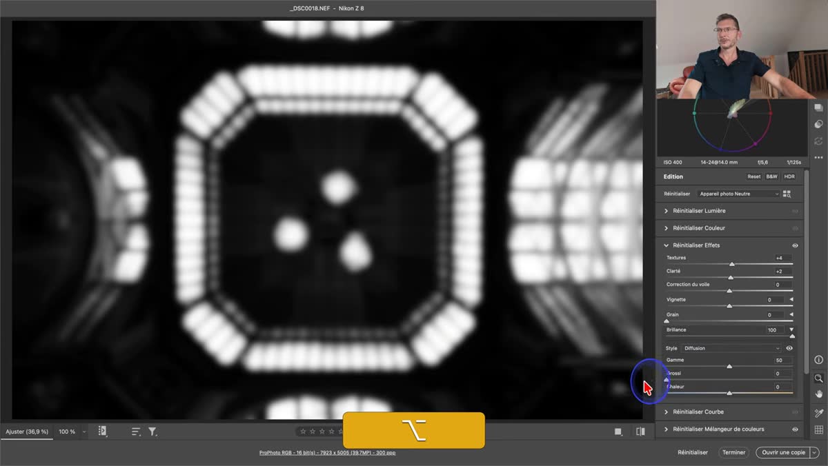 dans Camera Raw, visualisation avec Alt du r&eacute;glage Grosseur &eacute;tendu, couvrant une zone lumineuse plus large