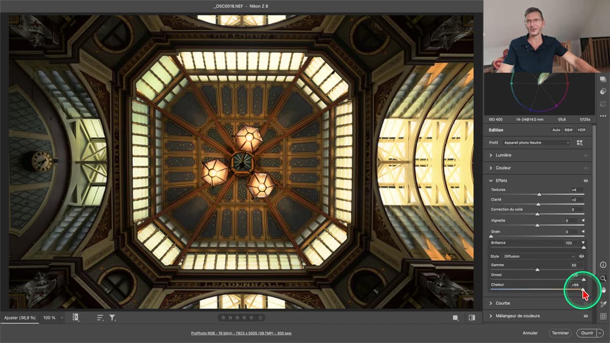dans Camera Raw, comparaison avant/apr&egrave;s de l&rsquo;effet Diffusion dos&eacute; avec le curseur Brillance