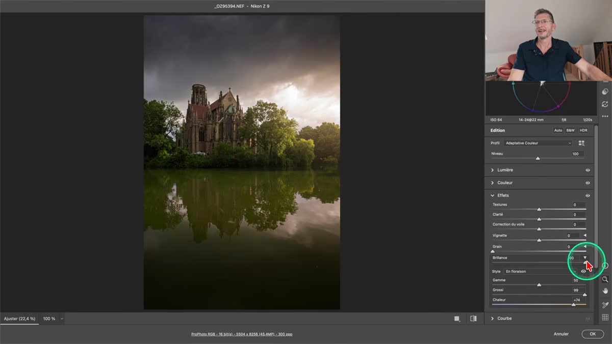 dans Camera Raw, effet Floraison appliqu&eacute; &agrave; un ciel avec une chaleur renforc&eacute;e et un halo visible autour des zones lumineuses