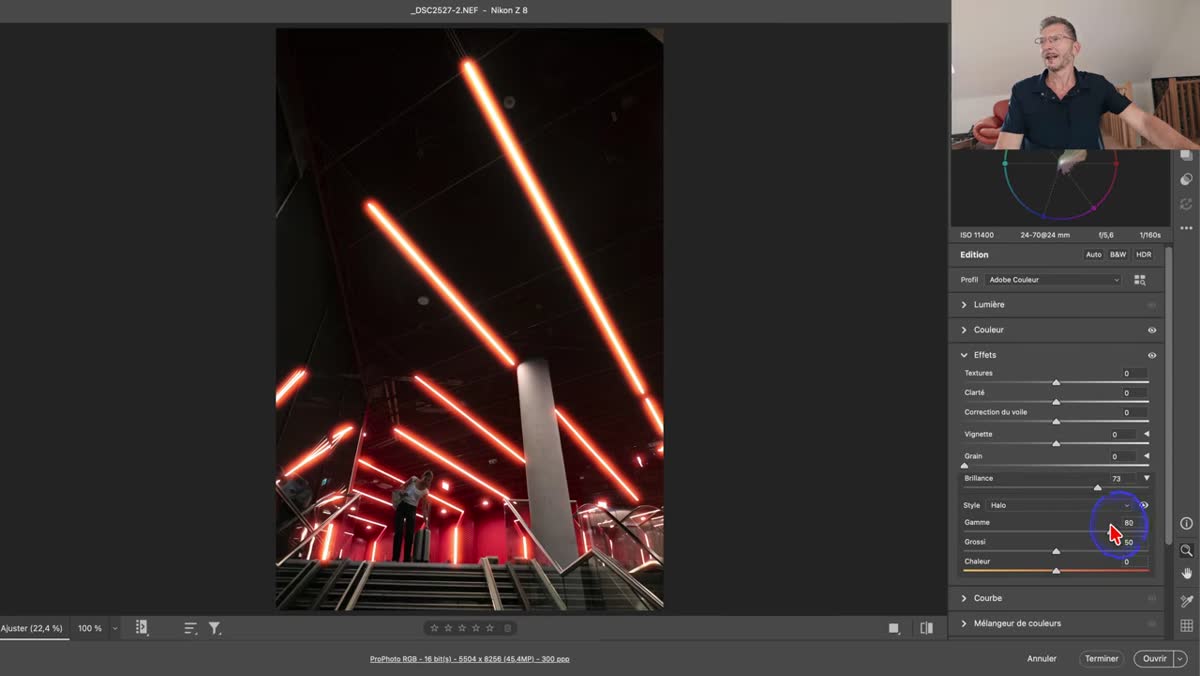 dans Camera Raw, panneau Brillance en style Halo avec les curseurs Gamme, Grosseur et Chaleur visibles