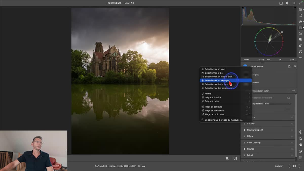 dans Camera Raw, panneau Masquage avec le bouton plus, le menu Cr&eacute;er un masque et l&rsquo;option Architecture s&eacute;lectionn&eacute;e