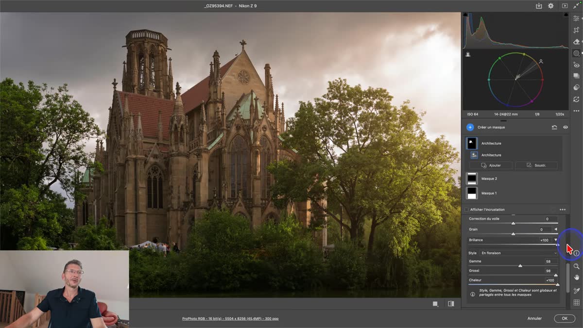 dans Camera Raw, curseur Brillance du masque d&eacute;plac&eacute; vers une valeur positive avec l&rsquo;effet renforc&eacute; sur l&rsquo;&eacute;glise