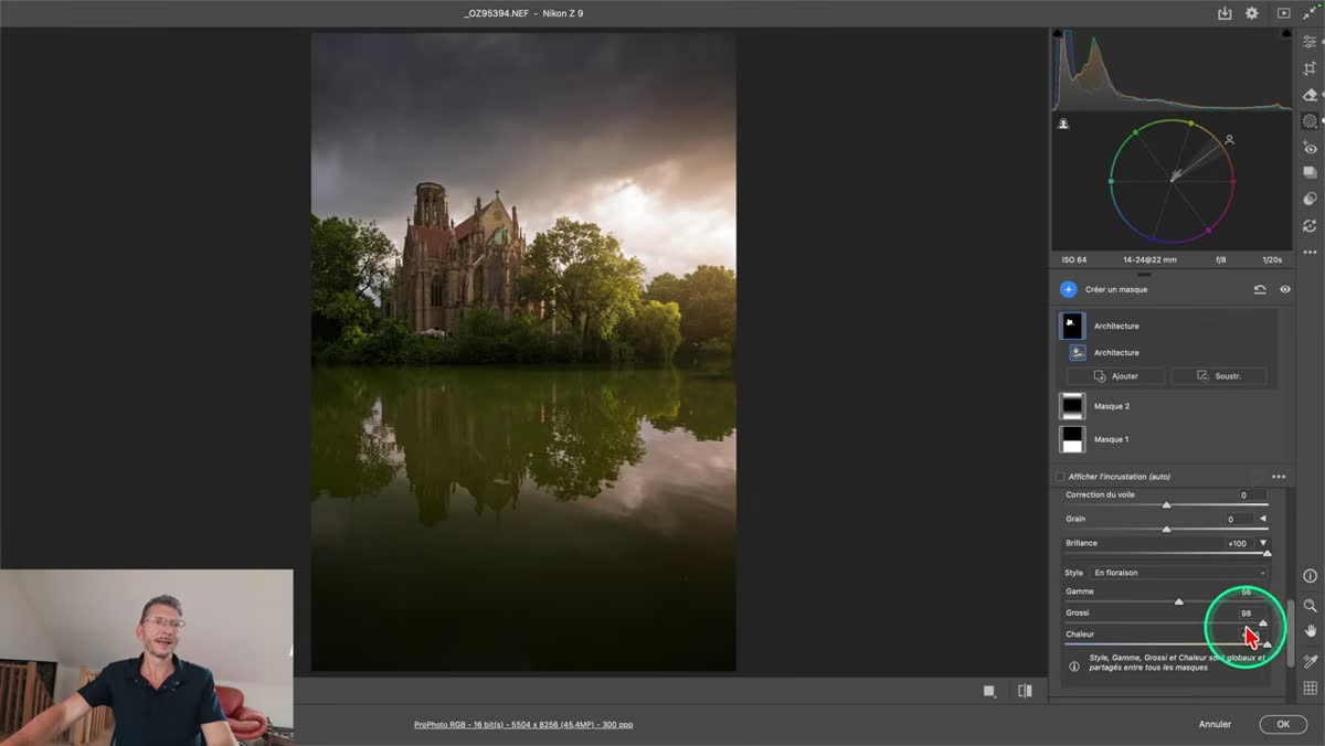 dans Camera Raw, valeur de Grosseur modifi&eacute;e dans le masque puis identique dans le panneau Brillance global