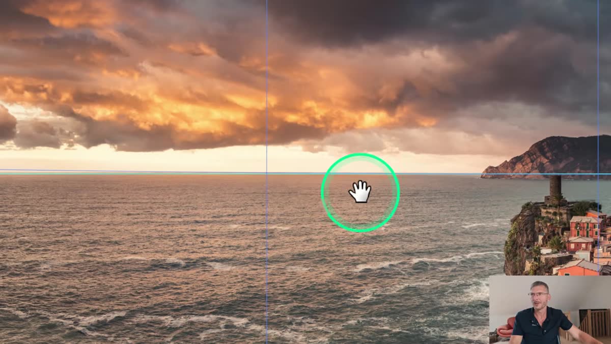 dans Photoshop, outil Déformation actif sur le panorama avec l’horizon ajusté au repère horizontal